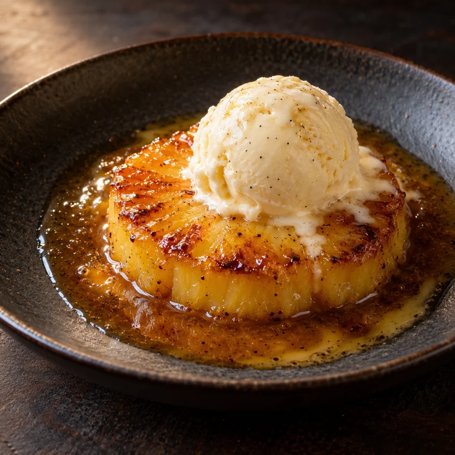Ananas Flambée with Vanilla Ice Cream